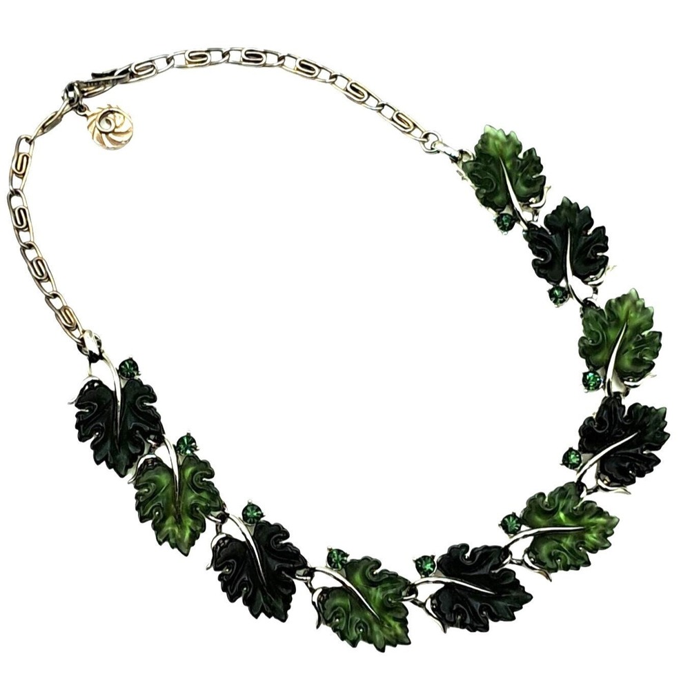 Vintage Lisner Rhinestone Lucite Necklace Green Molded Leaves Jewelry - Picture 4 of 9